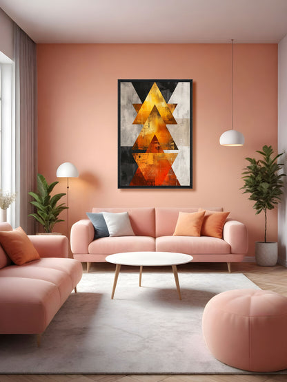 A modern living room with a pink sofa and matching ottoman, decorated with a large framed abstract geometric wall art piece featuring gold, orange, and black shapes on a white and dark background.