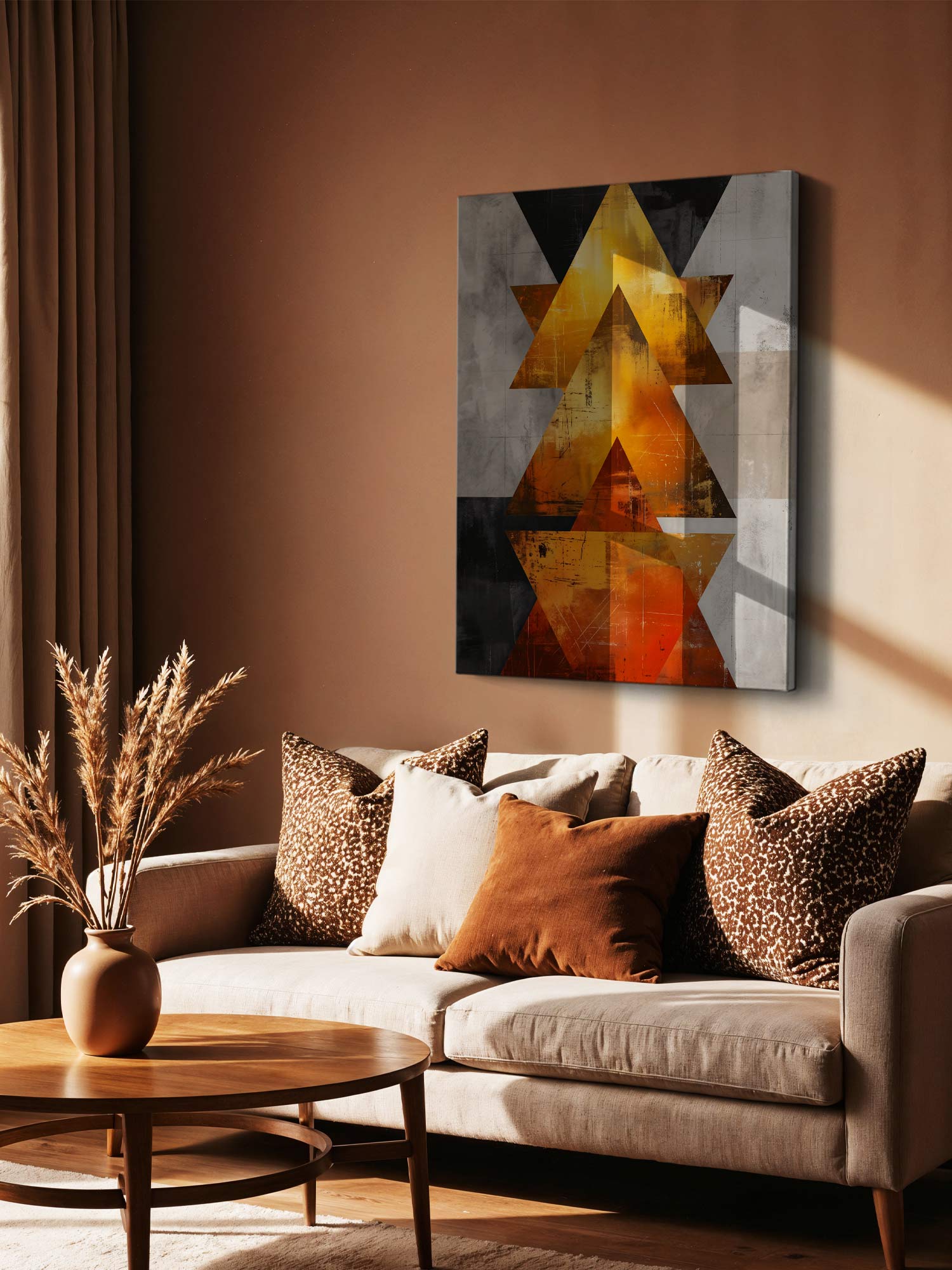 A vertical abstract canvas print with geometric shapes in gold, orange, black, and gray, displayed on a warm brown wall above a beige sofa with decorative pillows in a styled living room.