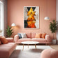 A modern living room with a pink sofa and matching ottoman, decorated with abstract geometric wall art featuring orange, gold, and black shapes. The room has a warm peach-pink wall, a white coffee table, and potted plants.