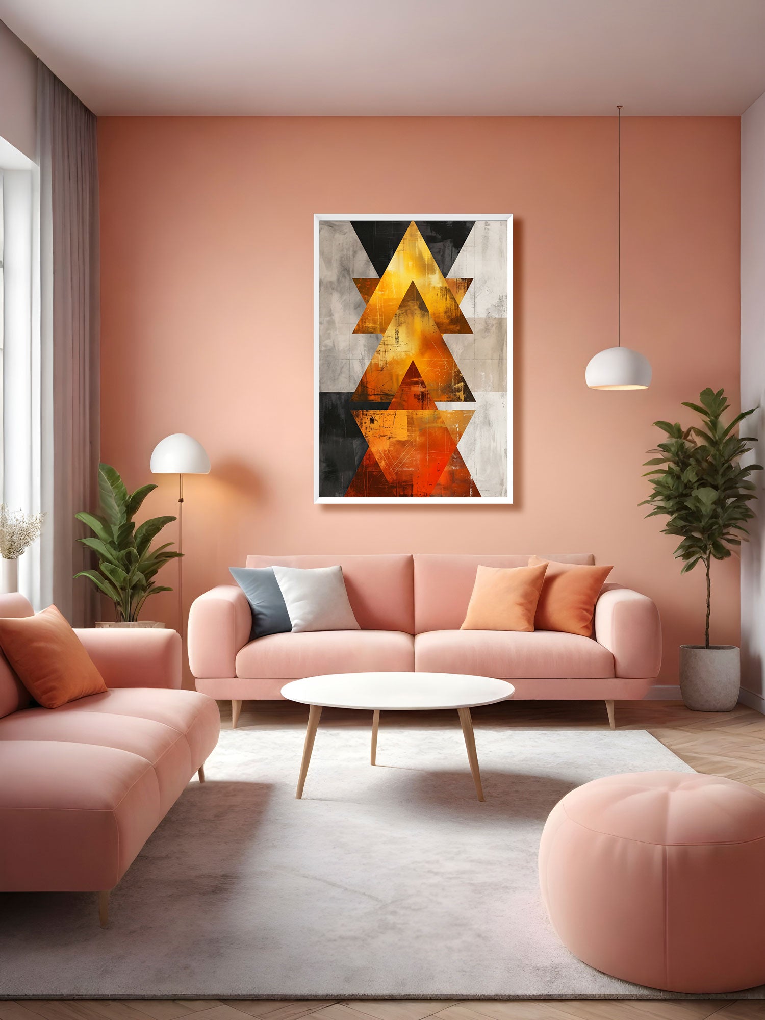 A modern living room with a pink sofa and matching ottoman, decorated with abstract geometric wall art featuring orange, gold, and black shapes. The room has a warm peach-pink wall, a white coffee table, and potted plants.