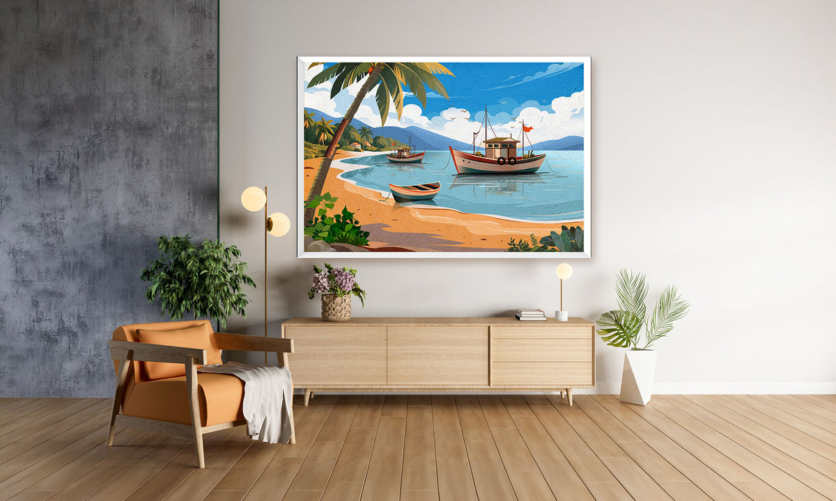 Framed beach scene painting on a wall above a wooden console table.