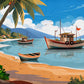 Tropical beach canvas wall art featuring palm trees, anchored boats, crystal-clear waters, sandy shoreline, and a peaceful coastal landscape.