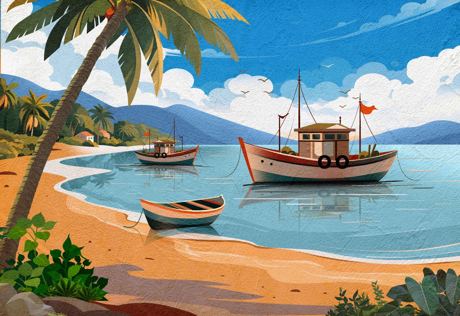 Tropical beach canvas wall art featuring palm trees, anchored boats, crystal-clear waters, sandy shoreline, and a peaceful coastal landscape.