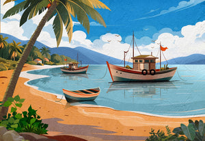 Tropical beach canvas wall art featuring palm trees, anchored boats, crystal-clear waters, sandy shoreline, and a peaceful coastal landscape.