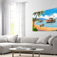 Living room with a sectional sofa and a beach-themed wall art depicting a boat and palm trees.