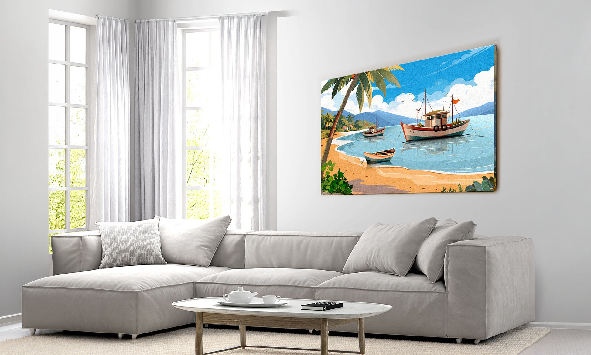 Living room with a sectional sofa and a beach-themed wall art depicting a boat and palm trees.