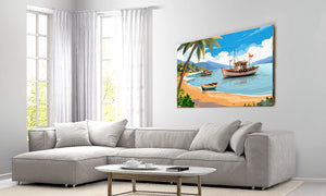 Living room with a sectional sofa and a beach-themed wall art depicting a boat and palm trees.