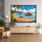 Framed artwork of a tropical scene with boats on a wall in a modern living room.