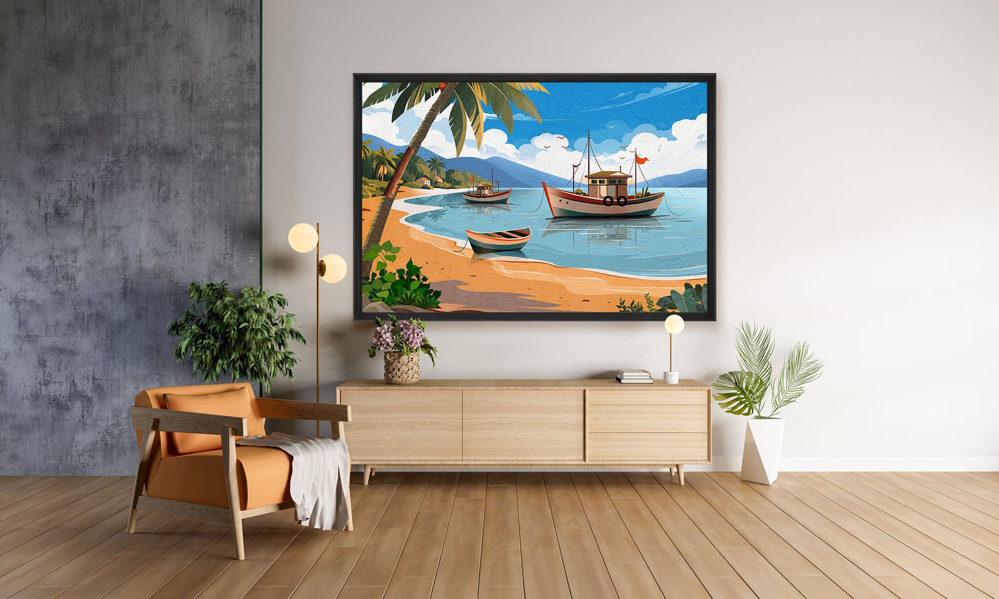 Framed artwork of a tropical scene with boats on a wall in a modern living room.