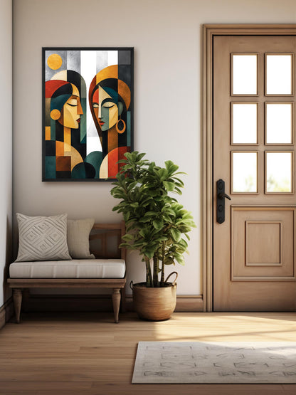 A framed abstract art print featuring two stylized faces hangs on a beige wall in a modern entryway. The scene includes a light wood bench with pillows, a potted green plant, a wood door with glass panes, and a light rug on a wood floor.