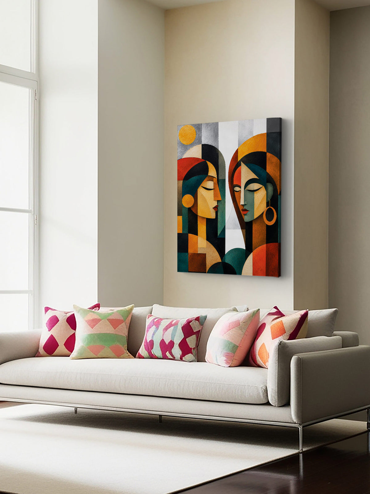 A colorful abstract canvas wall art print depicting two stylized faces, displayed in a modern living room setting above a light gray sofa with patterned pillows.