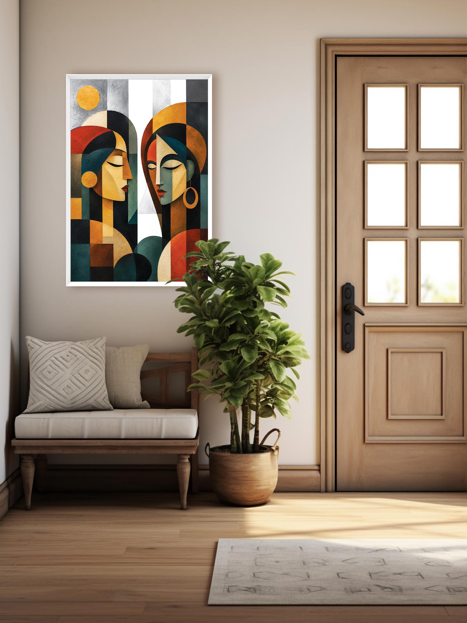 A framed abstract art print featuring two stylized faces in geometric shapes, displayed on a beige wall in a modern living room setting next to a wooden door and a potted plant.