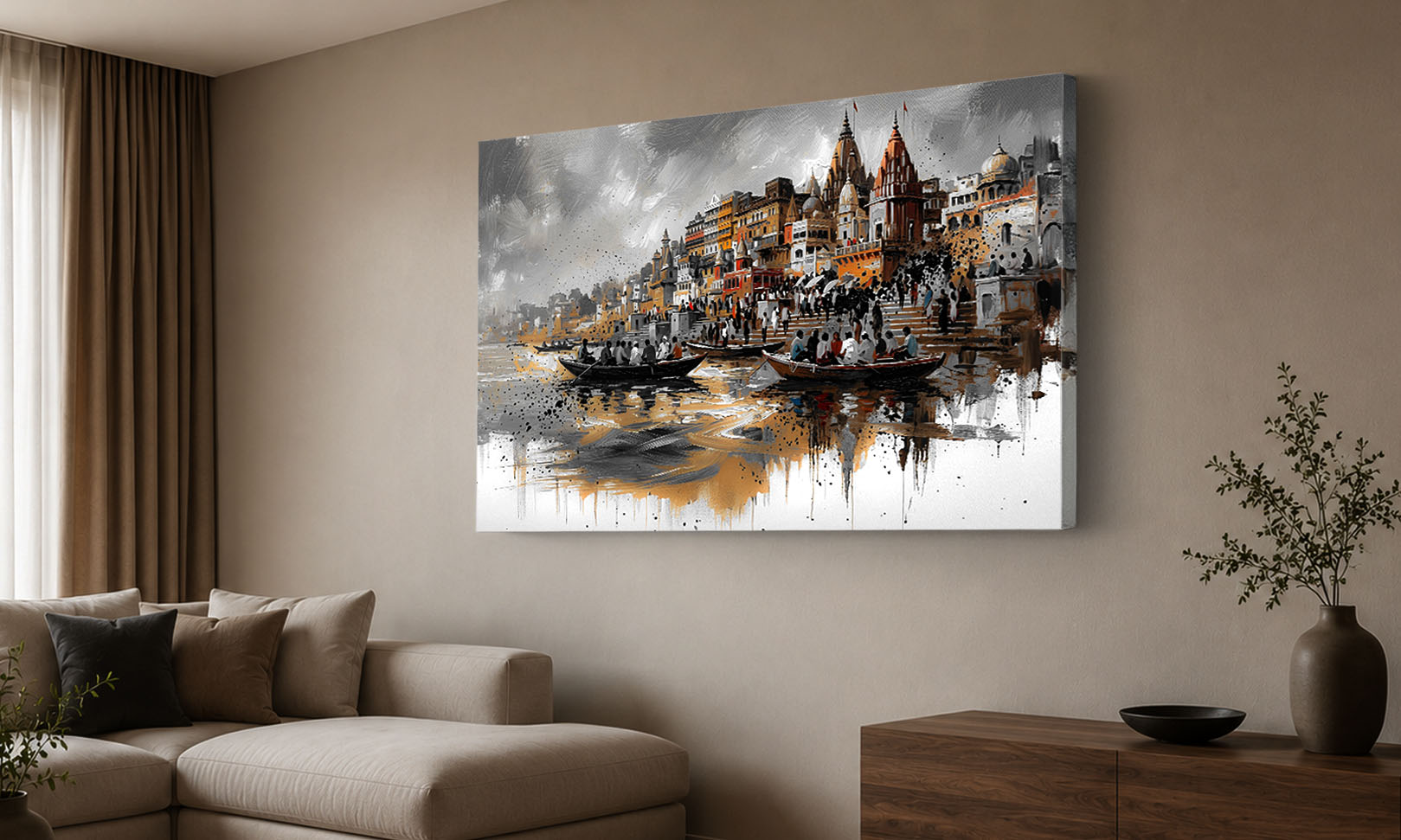 A large canvas wall art print depicting a ghat scene in Varan with boats on the river, shown hanging on a beige wall in a modern living room setting.
