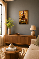 A framed vertical art print depicting an ornate Arabic hookah set against a golden background, hanging on a dark gray wall in a beautifully styled living room with a mid-century modern credenza, lamp, and sofa.