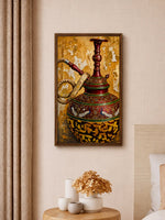 Luxury gold canvas wall art featuring an ornate traditional Indian ceremonial vessel with intricate peacock and floral motifs against a textured metallic gold background symbolizing heritage, prosperity, and timeless craftsmanship.