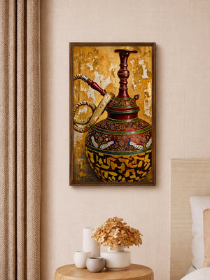 Luxury gold canvas wall art featuring an ornate traditional Indian ceremonial vessel with intricate peacock and floral motifs against a textured metallic gold background symbolizing heritage, prosperity, and timeless craftsmanship.