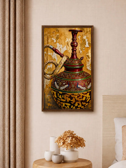 Luxury gold canvas wall art featuring an ornate traditional Indian ceremonial vessel with intricate peacock and floral motifs against a textured metallic gold background symbolizing heritage, prosperity, and timeless craftsmanship.