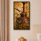 Luxury gold canvas wall art featuring an ornate traditional Indian ceremonial vessel with intricate peacock and floral motifs against a textured metallic gold background symbolizing heritage, prosperity, and timeless craftsmanship.
