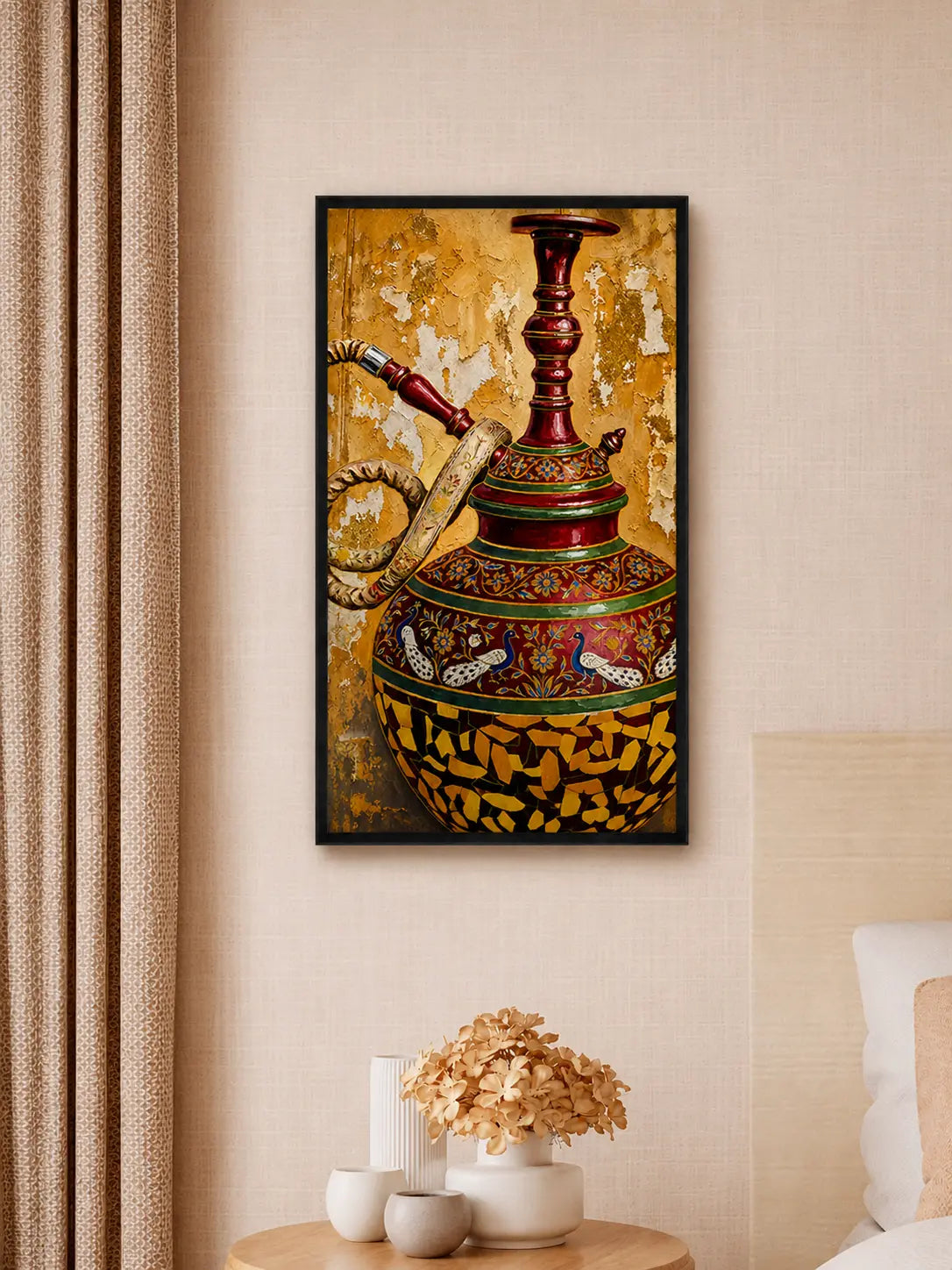 Luxury gold canvas wall art featuring an ornate traditional Indian ceremonial vessel with intricate peacock and floral motifs against a textured metallic gold background symbolizing heritage, prosperity, and timeless craftsmanship.