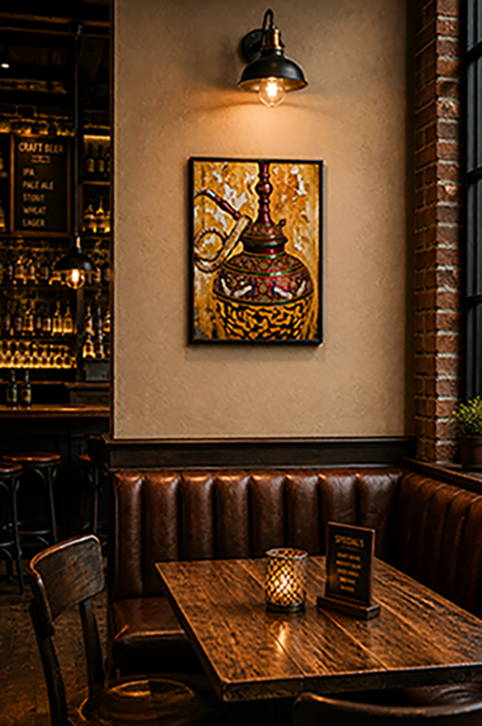A framed art print depicting a hookah set against a golden background, displayed on a beige wall in a cozy, dimly lit pub with brown leather booths and a wooden table.