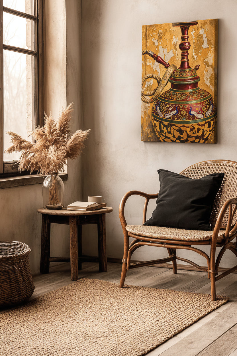 Luxury gold canvas wall art featuring an ornate traditional Indian ceremonial vessel with intricate peacock and floral motifs against a textured metallic gold background symbolizing heritage, prosperity, and timeless craftsmanship.