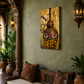 A vertical canvas wall art print depicting a traditional Arabic copper teapot, styled in a rustic Mediterranean or Moroccan living room setting with a wooden bench, patterned cushions, and wall lanterns.