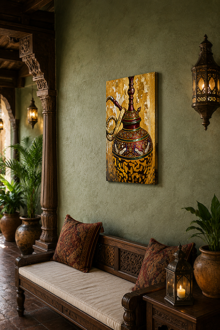 A vertical canvas wall art print depicting a traditional Arabic copper teapot, styled in a rustic Mediterranean or Moroccan living room setting with a wooden bench, patterned cushions, and wall lanterns.