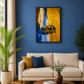 A framedGold canvas wall art print featuring a vintage car, displayed on a blue wall above a cream-colorued sofa in a modern living room setting.