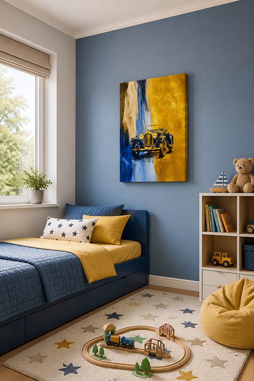 A styled children's bedroom featuring a prominent vertical gold canvas wall art print with a yellow and blue waterfall and a black car, mounted on a blue wall above a bed with blue and yellow bedding.