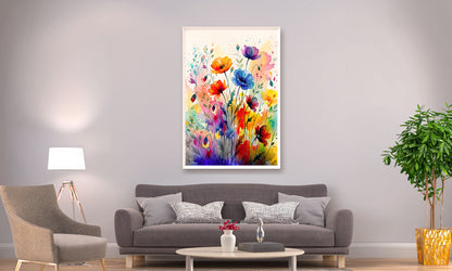Living room with a gray sofa, armchair, and coffee table, featuring a colorful floral painting on the wall.