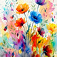 Colourful watercolour floral canvas wall art featuring vibrant wildflowers in shades of red, orange, yellow, blue, and purple.
