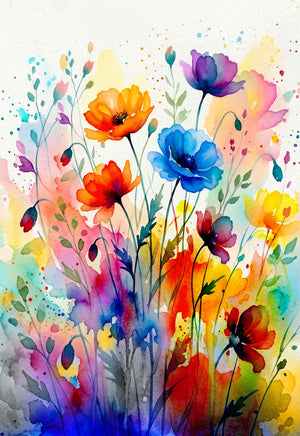 Colourful watercolour floral canvas wall art featuring vibrant wildflowers in shades of red, orange, yellow, blue, and purple.