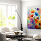 Modern living room with a colorful floral painting on the wall.