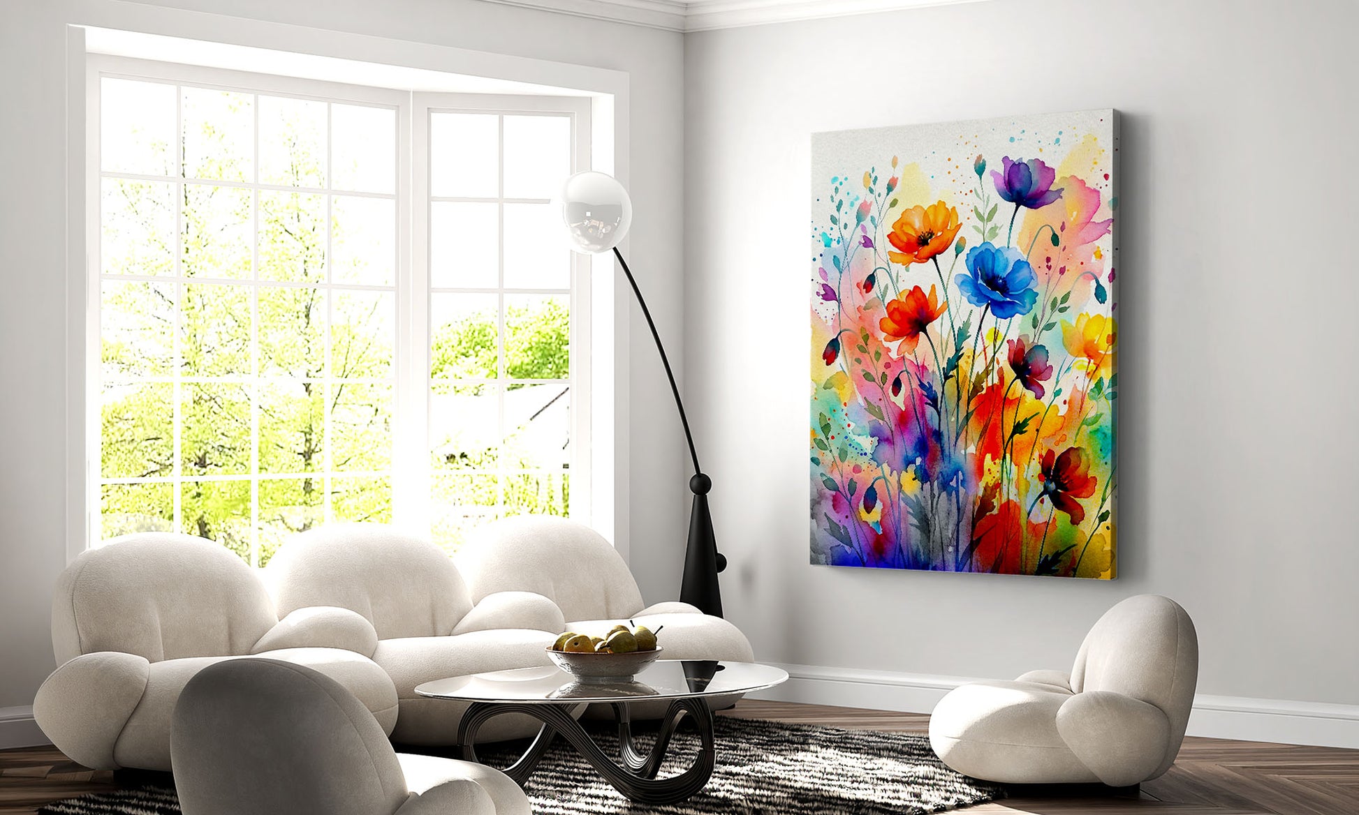 Modern living room with a colorful floral painting on the wall.