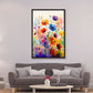 Living room with a gray sofa, armchair, coffee table, and colorful floral painting on the wall.