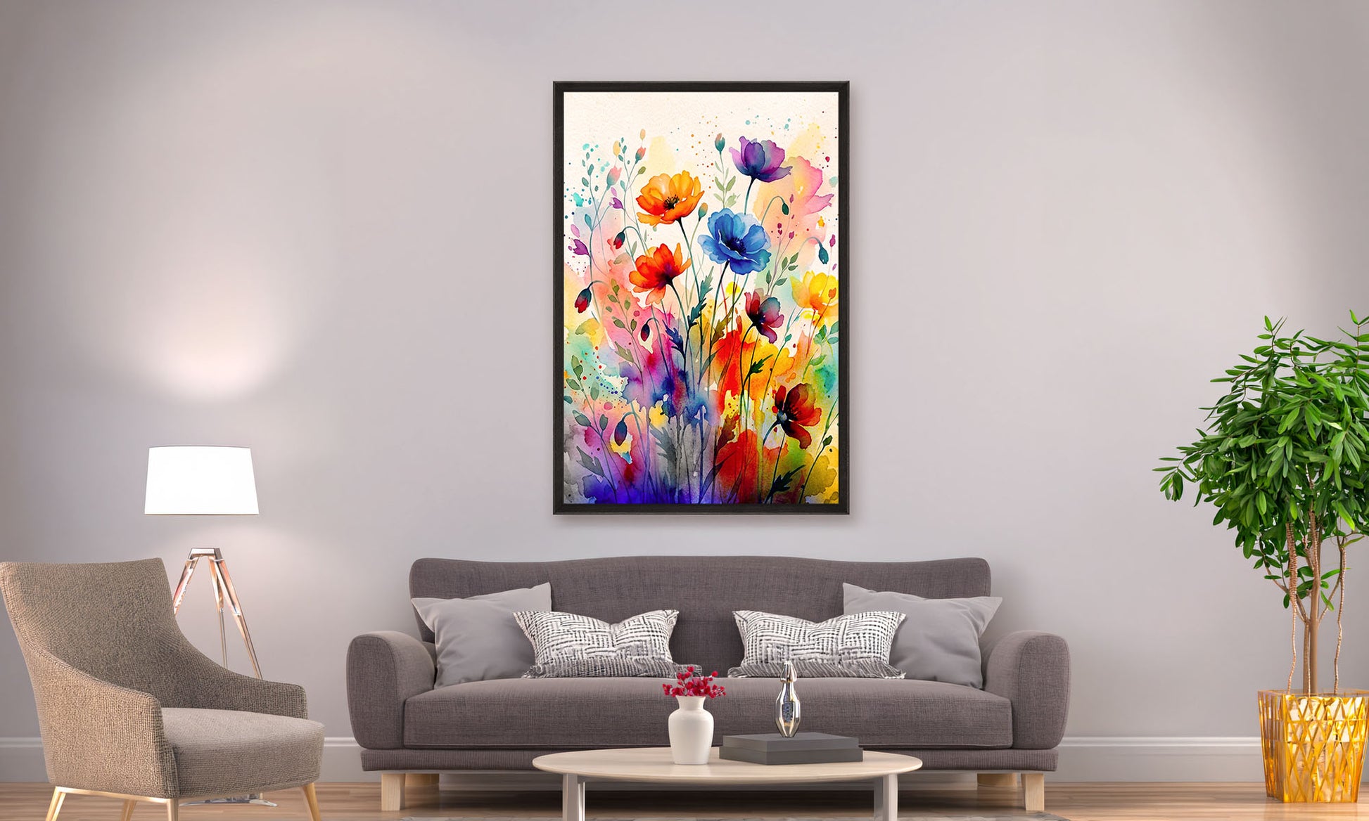 Living room with a gray sofa, armchair, coffee table, and colorful floral painting on the wall.
