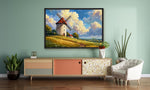 Living room with a painting of a windmill on the wall, a cabinet, and a chair.
