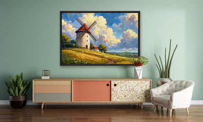 Living room with a painting of a windmill on the wall, a cabinet, and a chair.