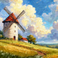 Rustic countryside canvas wall art featuring a traditional windmill, golden wheat fields, rolling meadows, and dramatic cloud-filled skies.