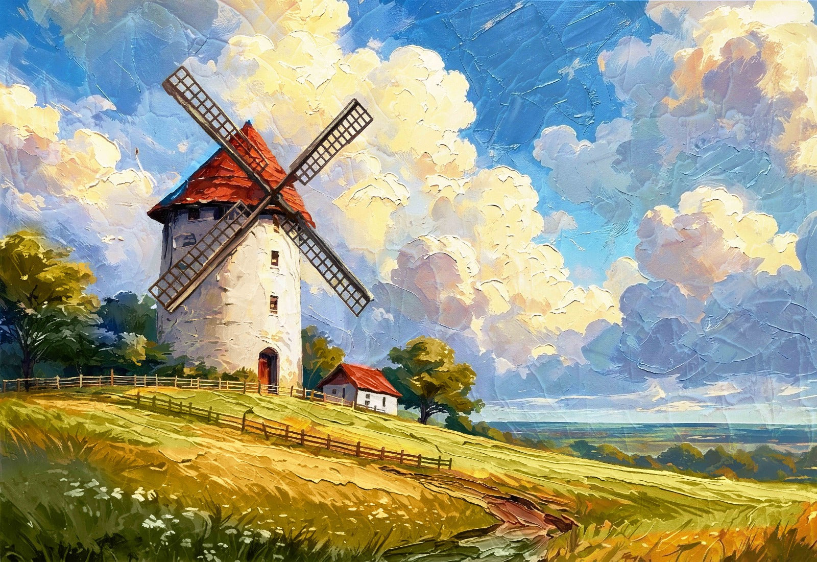 Rustic countryside canvas wall art featuring a traditional windmill, golden wheat fields, rolling meadows, and dramatic cloud-filled skies.