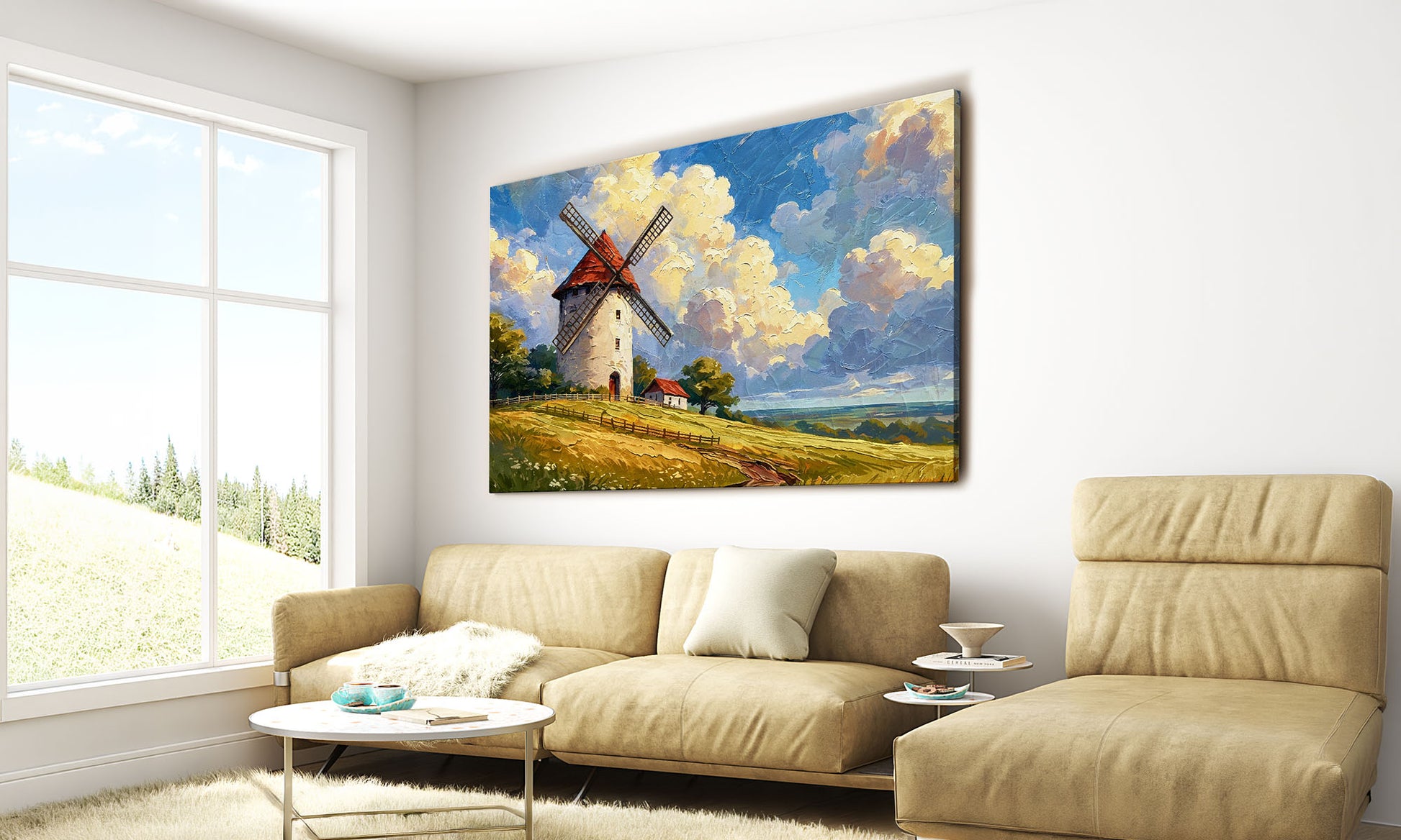 Living room with a beige sofa, armchair, and coffee table, featuring a large painting of a windmill on the wall.
