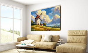 Living room with a beige sofa, armchair, and coffee table, featuring a large painting of a windmill on the wall.