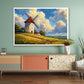 Rustic countryside canvas wall art featuring a traditional windmill, golden wheat fields, rolling meadows, and dramatic cloud-filled skies.