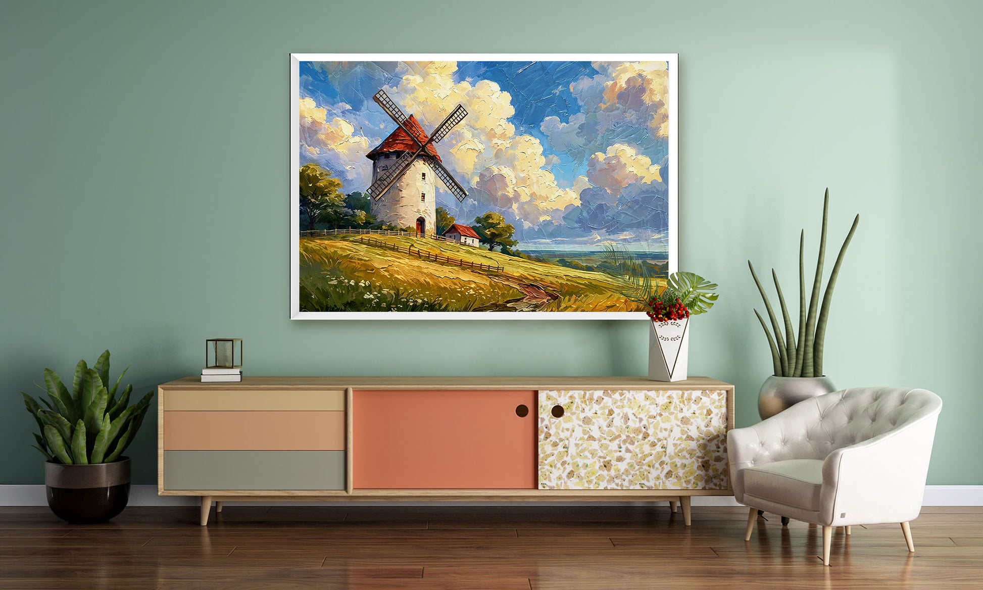 Rustic countryside canvas wall art featuring a traditional windmill, golden wheat fields, rolling meadows, and dramatic cloud-filled skies.