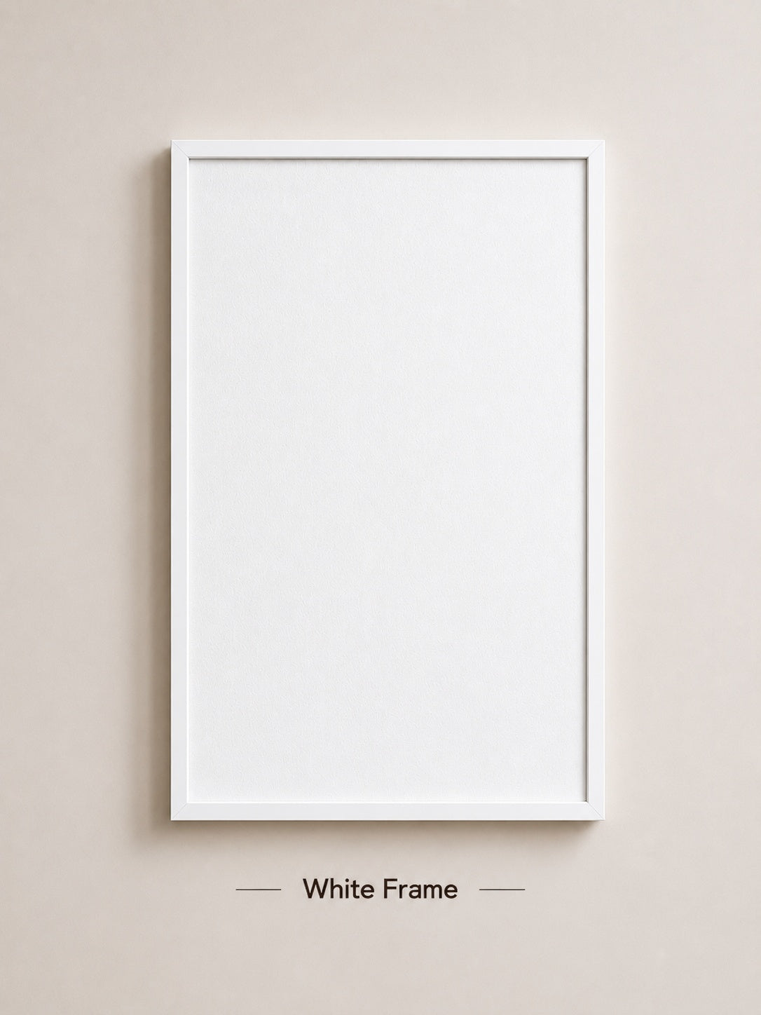 A blank white picture frame hanging on a light beige wall, with the text 'White Frame' centered below it.