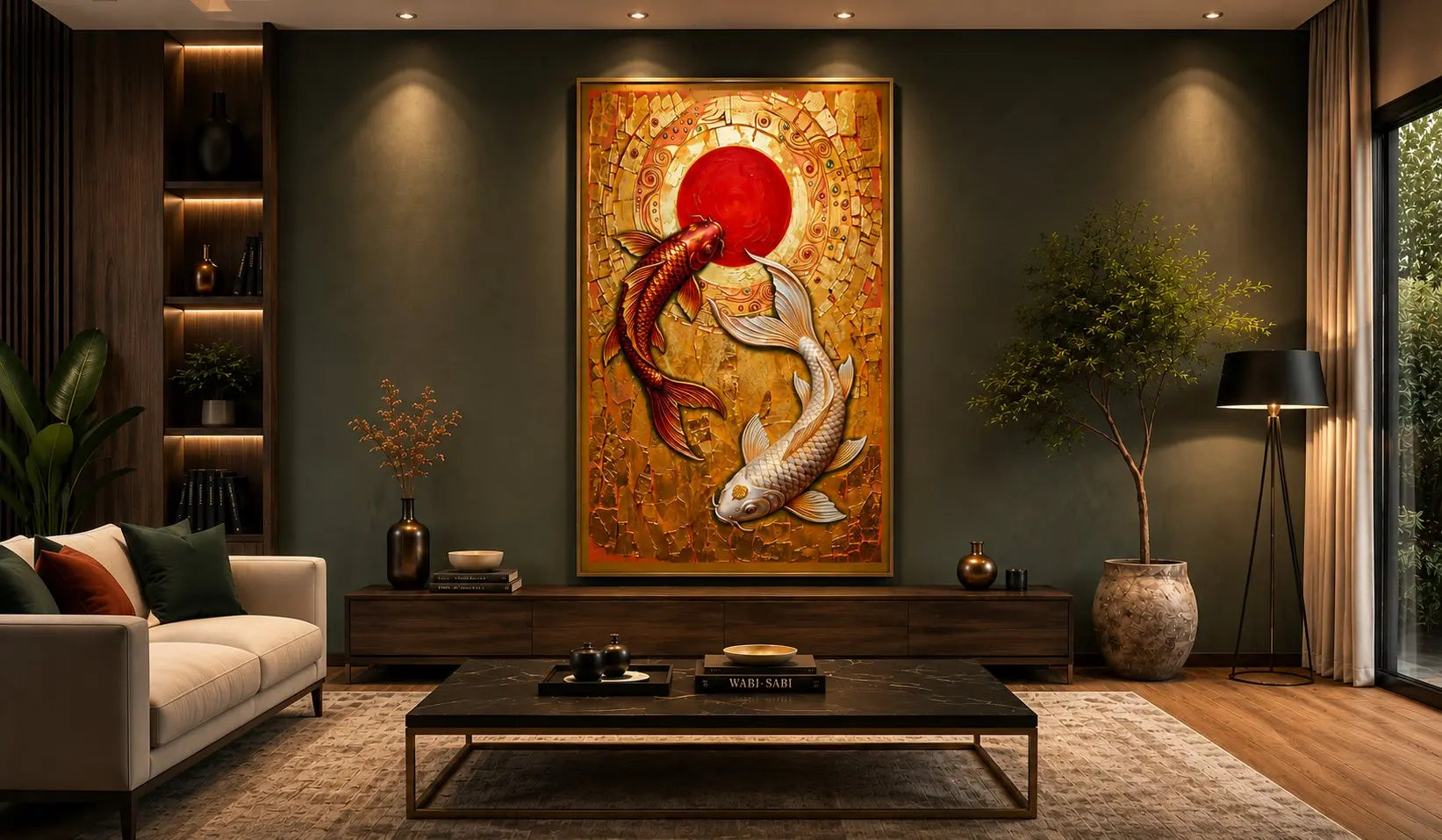 A large framed wall art piece featuring two koi fish around a red sun motif, displayed in a modern living room setting above a dark wood console table.