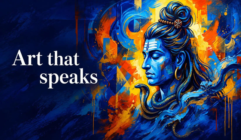 Abstract digital artwork featuring a blue profile portrait of a Hindu deity with a snake around his neck, set against a colorful background of blue, orange, and yellow paint splatters. The text 'Art that speaks' is written in white serif font on the left side.