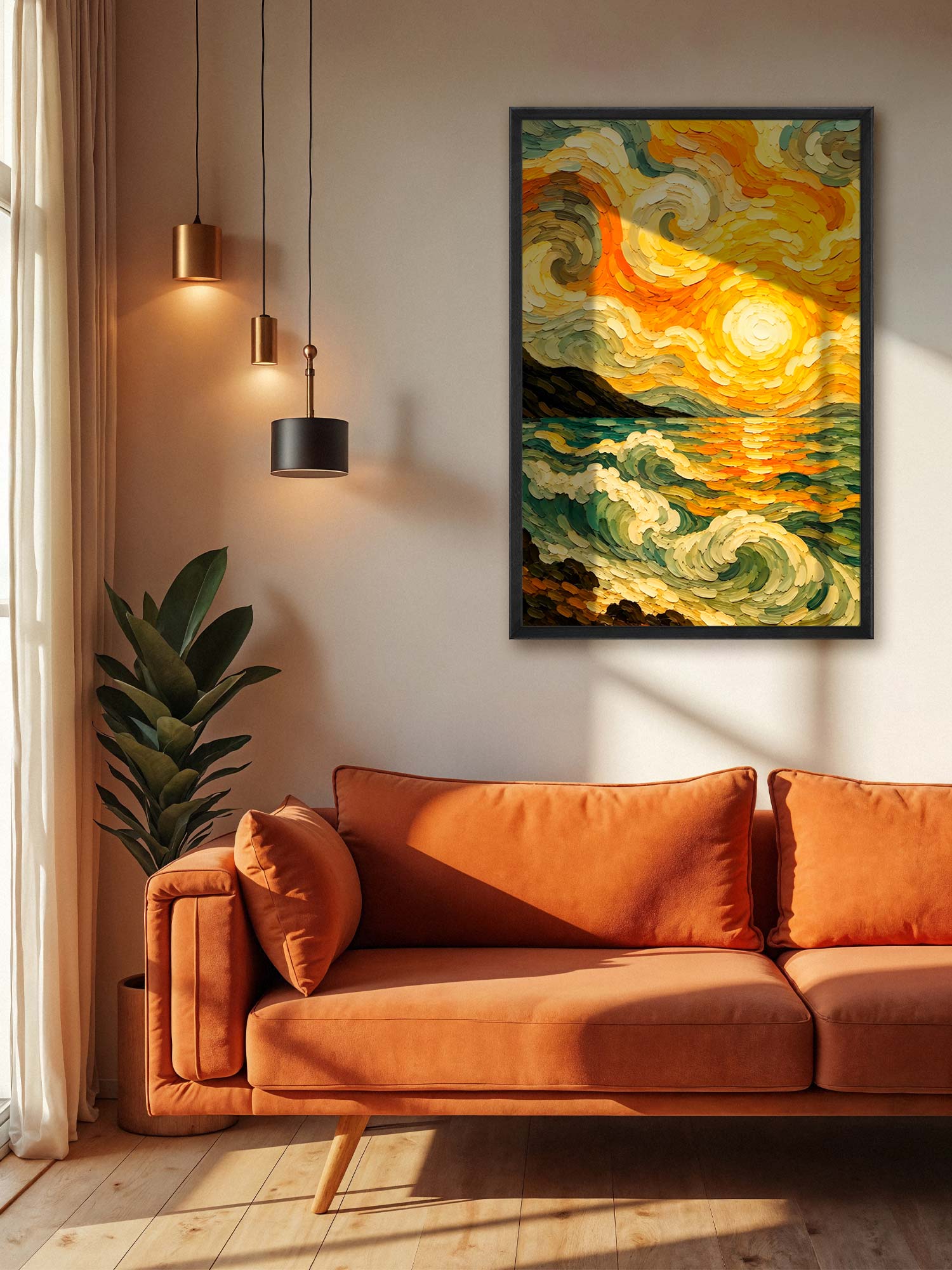 Swirling Sky contemporary textured landscape canvas wall art featuring golden and orange swirling clouds above a green landscape and reflective water
