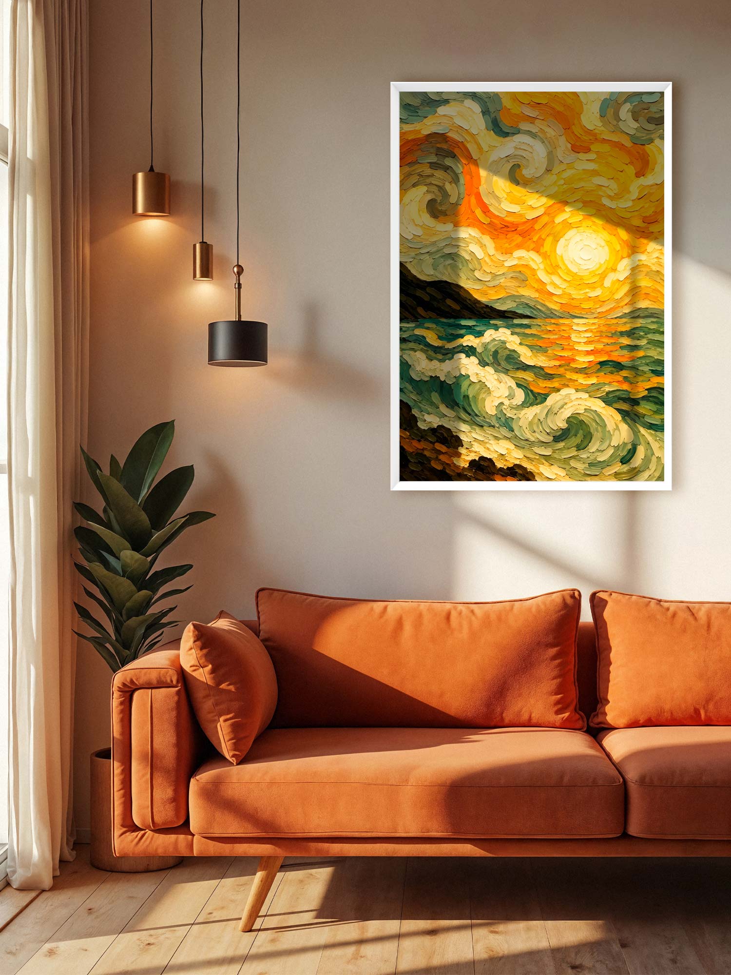 A framed art print of a Van Gogh-inspired swirling seascape with a bright yellow sun, displayed on a beige wall above an orange sofa in a modern living room setting.