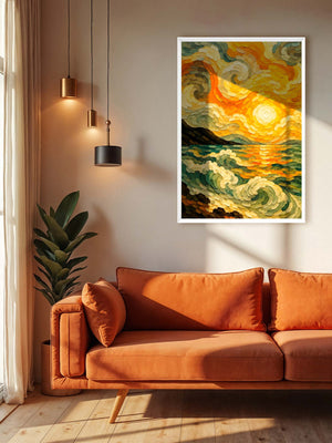 A framed art print of a Van Gogh-inspired swirling seascape with a bright yellow sun, displayed on a beige wall above an orange sofa in a modern living room setting.